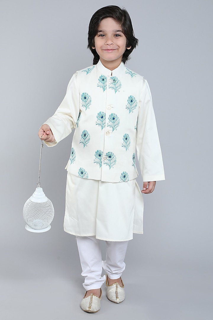Ivory Pure Linen Block Printed & Hand Embroidered Nehru Jacket Set For Boys by Little Clothings