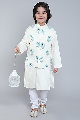 Ivory Pure Linen Block Printed & Hand Embroidered Nehru Jacket Set For Boys by Little Clothings