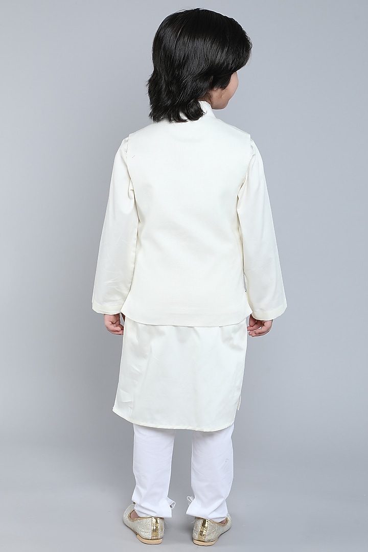 Ivory Pure Linen Block Printed & Hand Embroidered Nehru Jacket Set For Boys by Little Clothings at Pernia's Pop Up Shop