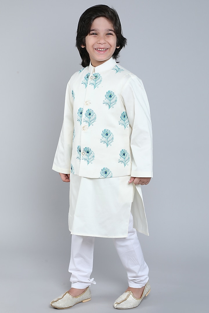 Ivory Pure Linen Block Printed & Hand Embroidered Nehru Jacket Set For Boys by Little Clothings at Pernia's Pop Up Shop
