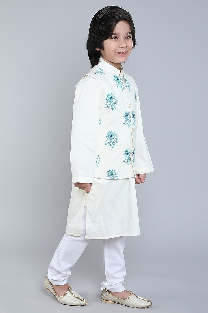Ivory Pure Linen Block Printed & Hand Embroidered Nehru Jacket Set For Boys by Little Clothings at Pernia's Pop Up Shop