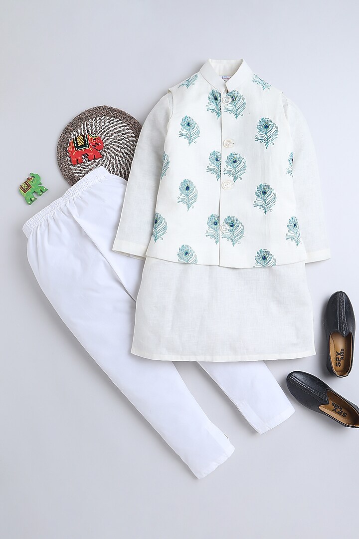 Ivory Pure Linen Block Printed & Hand Embroidered Nehru Jacket Set For Boys by Little Clothings at Pernia's Pop Up Shop