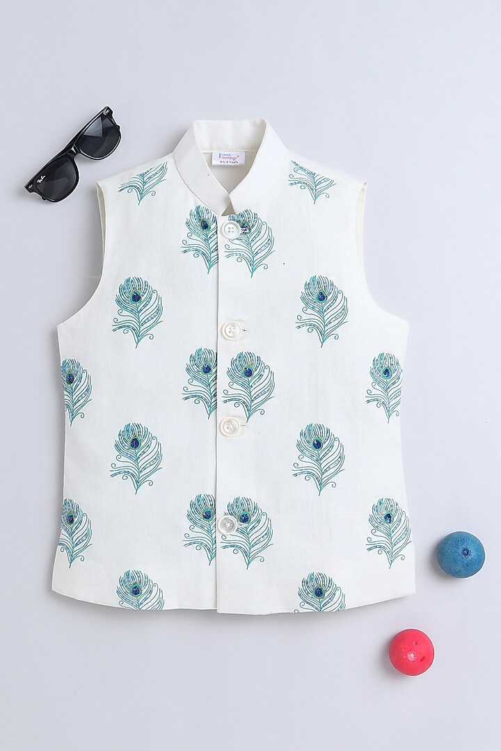 Ivory Pure Linen Block Printed & Hand Embroidered Nehru Jacket Set For Boys by Little Clothings at Pernia's Pop Up Shop