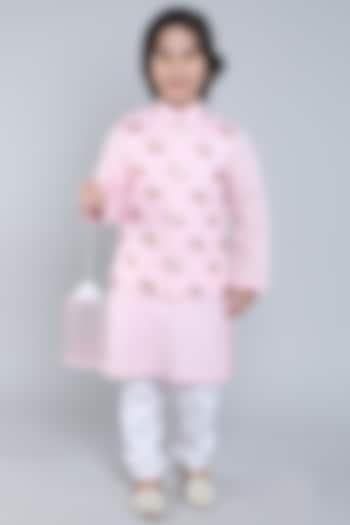 Pink Pure Linen Block Printed & Hand Embroidered Nehru Jacket Set For Boys by Little Clothings