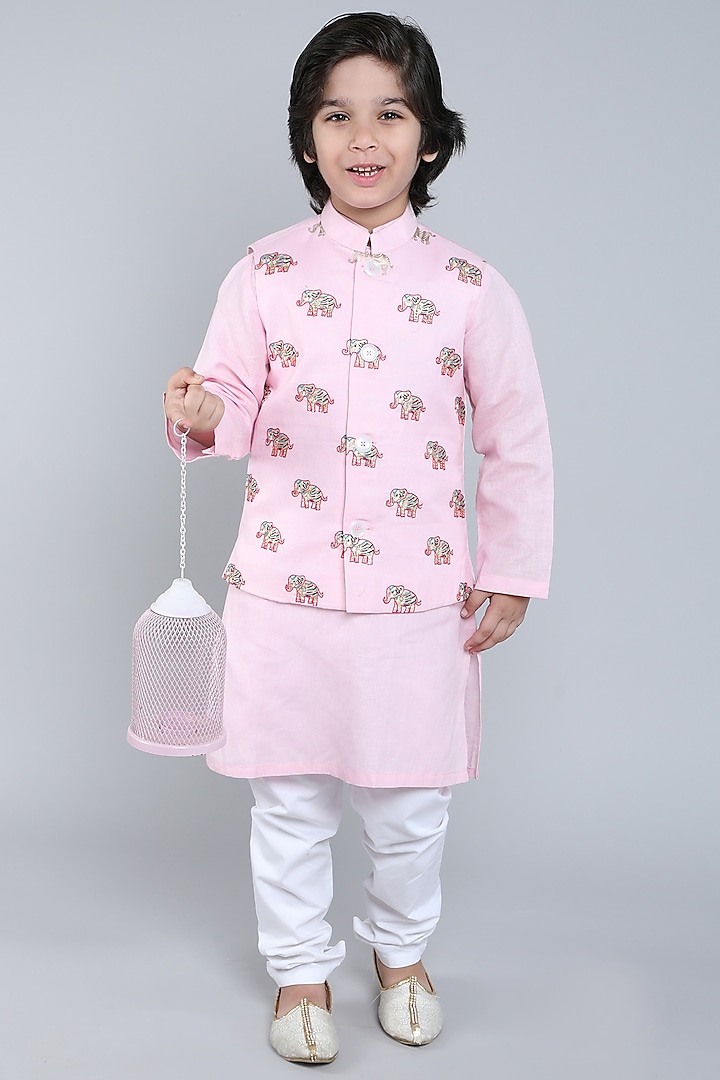 Pink Pure Linen Block Printed & Hand Embroidered Nehru Jacket Set For Boys by Little Clothings