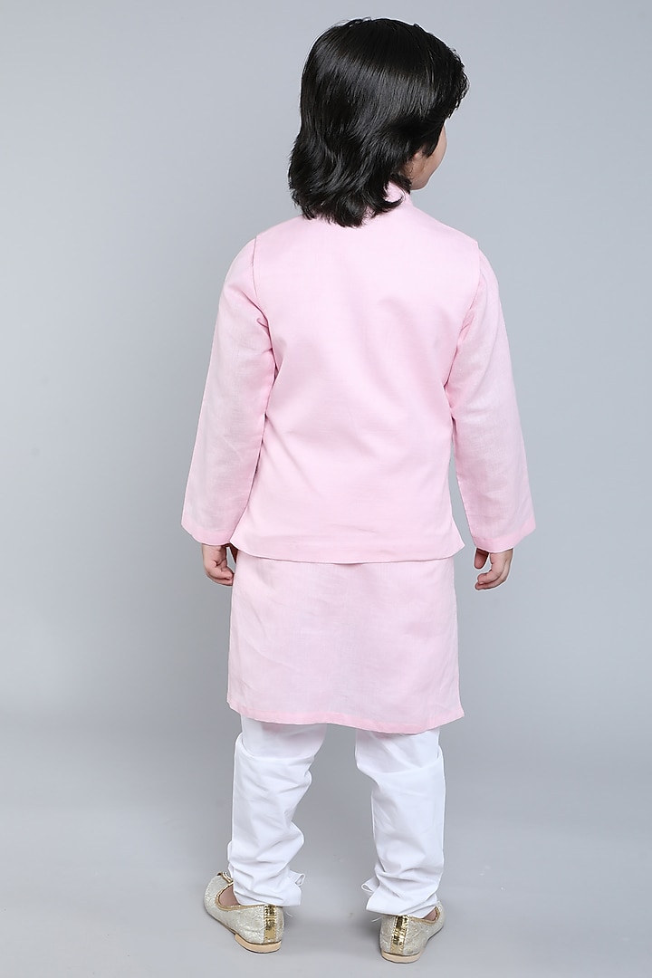 Pink Pure Linen Block Printed & Hand Embroidered Nehru Jacket Set For Boys by Little Clothings at Pernia's Pop Up Shop