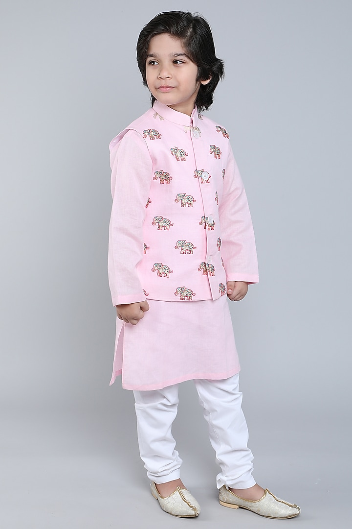 Pink Pure Linen Block Printed & Hand Embroidered Nehru Jacket Set For Boys by Little Clothings at Pernia's Pop Up Shop