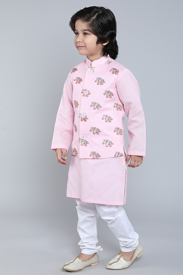 Pink Pure Linen Block Printed & Hand Embroidered Nehru Jacket Set For Boys by Little Clothings at Pernia's Pop Up Shop