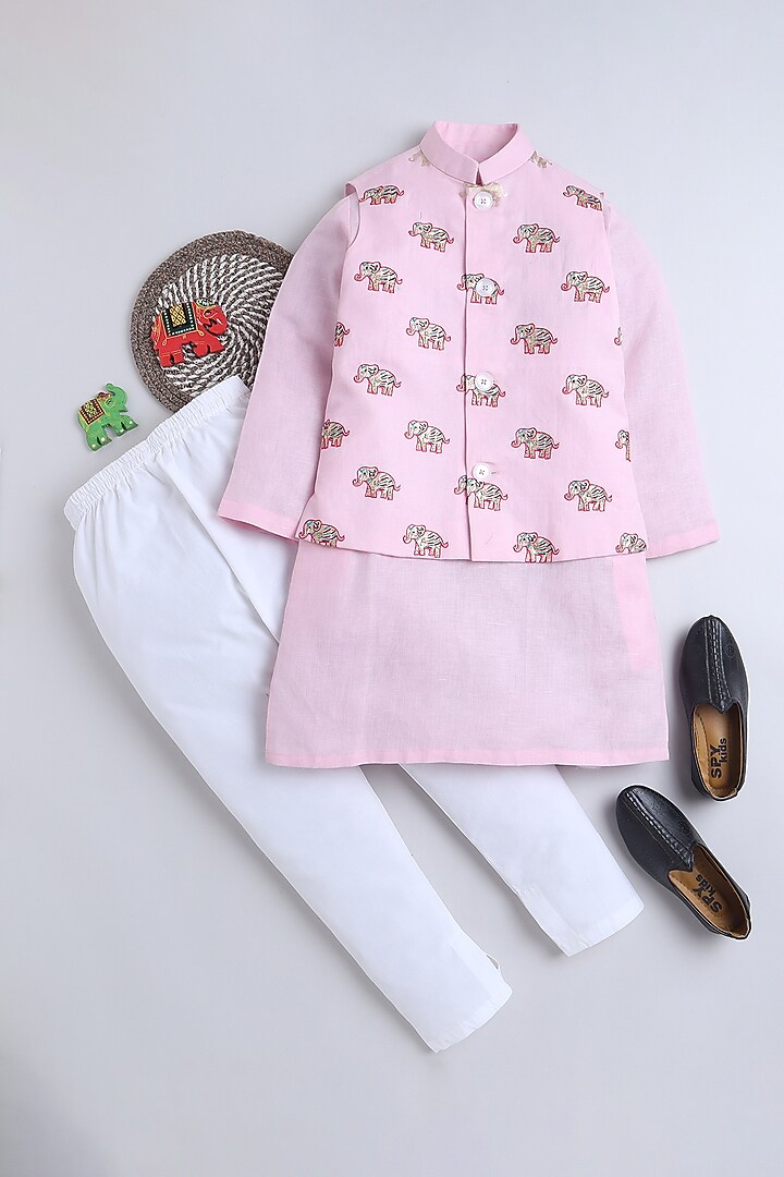 Pink Pure Linen Block Printed & Hand Embroidered Nehru Jacket Set For Boys by Little Clothings at Pernia's Pop Up Shop
