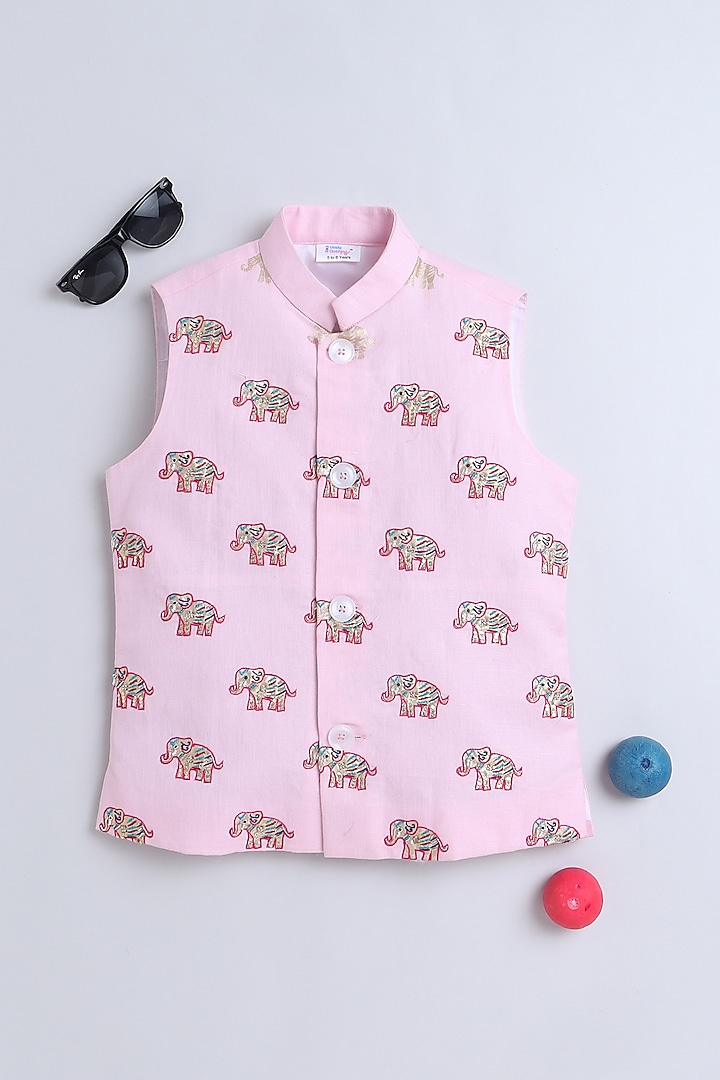 Pink Pure Linen Block Printed & Hand Embroidered Nehru Jacket Set For Boys by Little Clothings at Pernia's Pop Up Shop