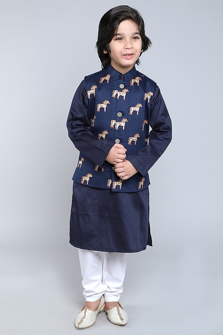 Navy Blue Cotton Satin Block Printed & Hand Embroidered Nehru Jacket Set For Boys by Little Clothings