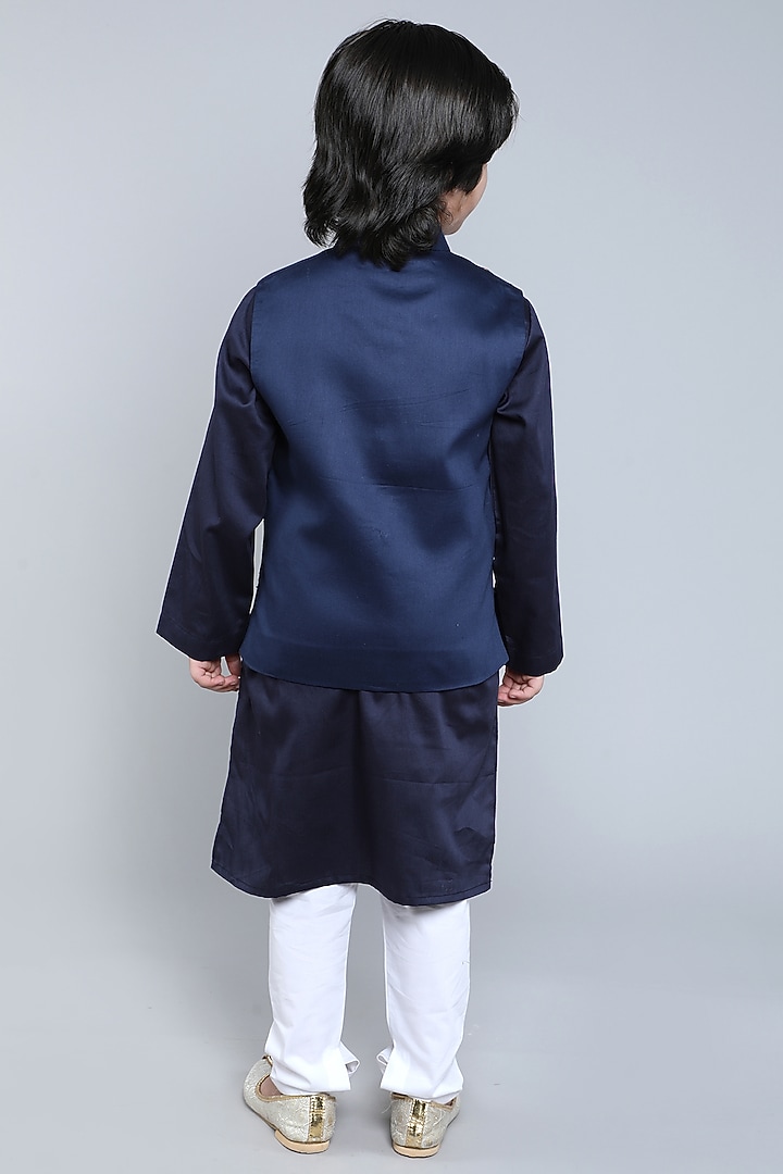 Navy Blue Cotton Satin Block Printed & Hand Embroidered Nehru Jacket Set For Boys by Little Clothings at Pernia's Pop Up Shop