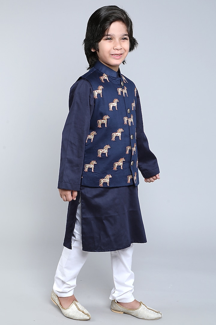 Navy Blue Cotton Satin Block Printed & Hand Embroidered Nehru Jacket Set For Boys by Little Clothings at Pernia's Pop Up Shop
