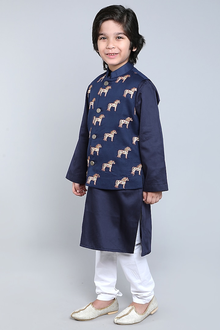 Navy Blue Cotton Satin Block Printed & Hand Embroidered Nehru Jacket Set For Boys by Little Clothings at Pernia's Pop Up Shop