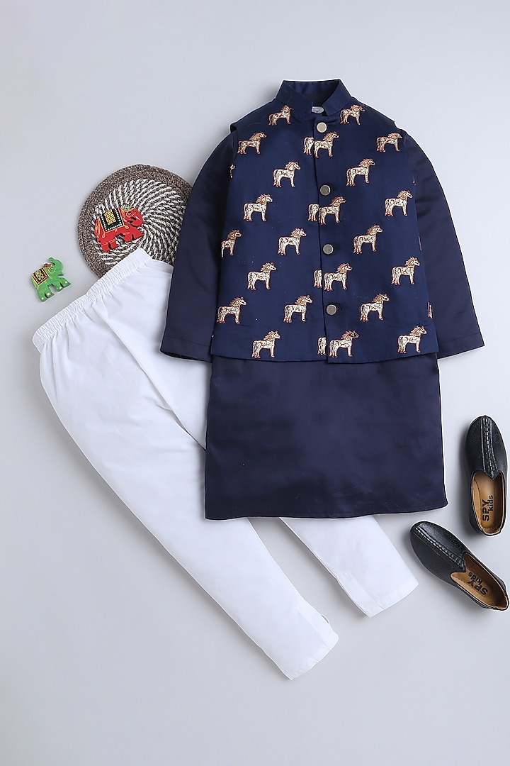Navy Blue Cotton Satin Block Printed & Hand Embroidered Nehru Jacket Set For Boys by Little Clothings at Pernia's Pop Up Shop