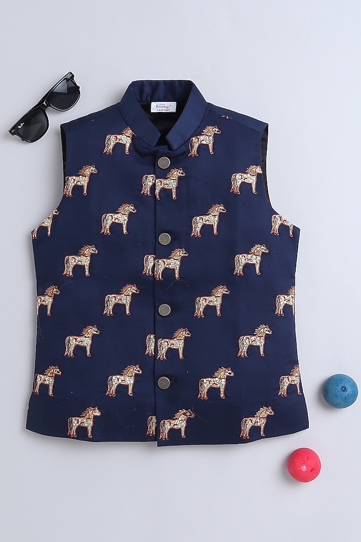 Navy Blue Cotton Satin Block Printed & Hand Embroidered Nehru Jacket Set For Boys by Little Clothings at Pernia's Pop Up Shop