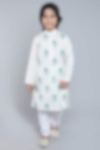 Ivory Pure Linen Block Printed & Hand Embroidered Kurta Set For Boys by Little Clothings