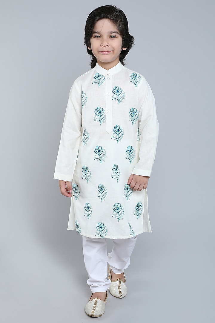Ivory Pure Linen Block Printed & Hand Embroidered Kurta Set For Boys by Little Clothings