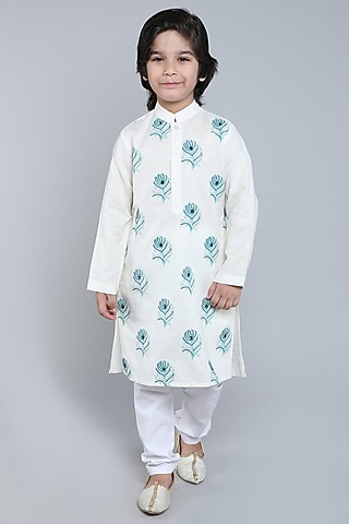 Ivory Pure Linen Block Printed & Hand Embroidered Kurta Set For Boys by Little Clothings