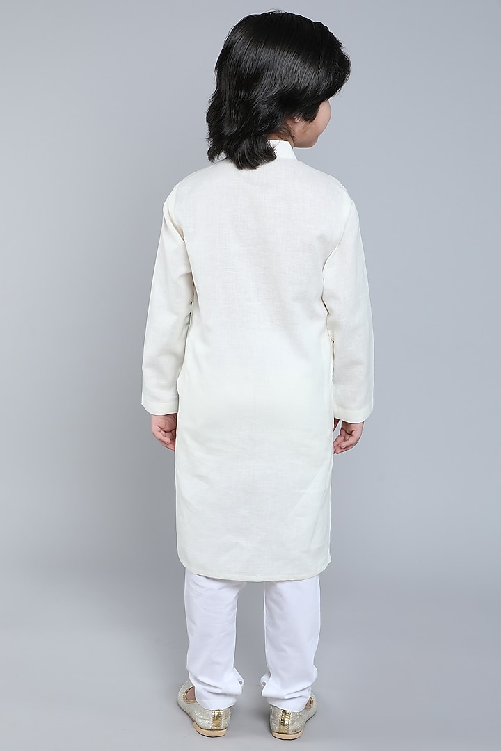 Ivory Pure Linen Block Printed & Hand Embroidered Kurta Set For Boys by Little Clothings at Pernia's Pop Up Shop