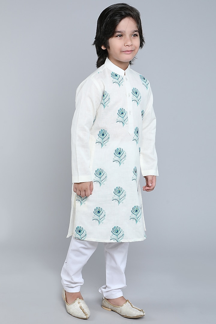Ivory Pure Linen Block Printed & Hand Embroidered Kurta Set For Boys by Little Clothings at Pernia's Pop Up Shop
