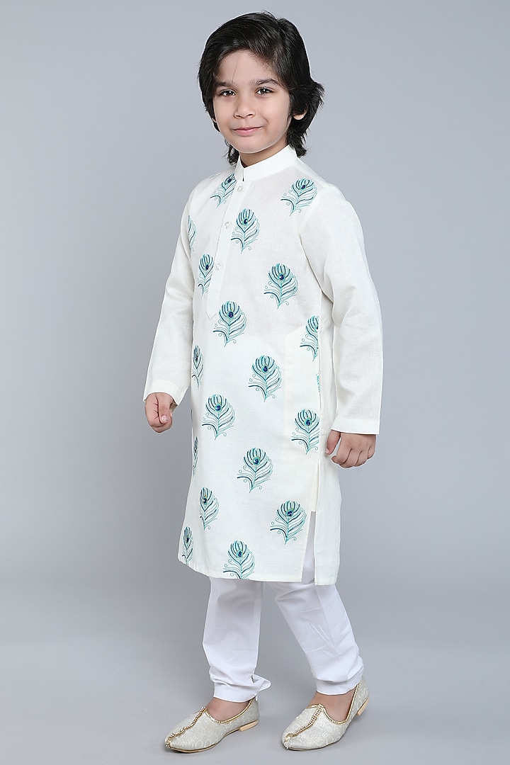 Ivory Pure Linen Block Printed & Hand Embroidered Kurta Set For Boys by Little Clothings at Pernia's Pop Up Shop