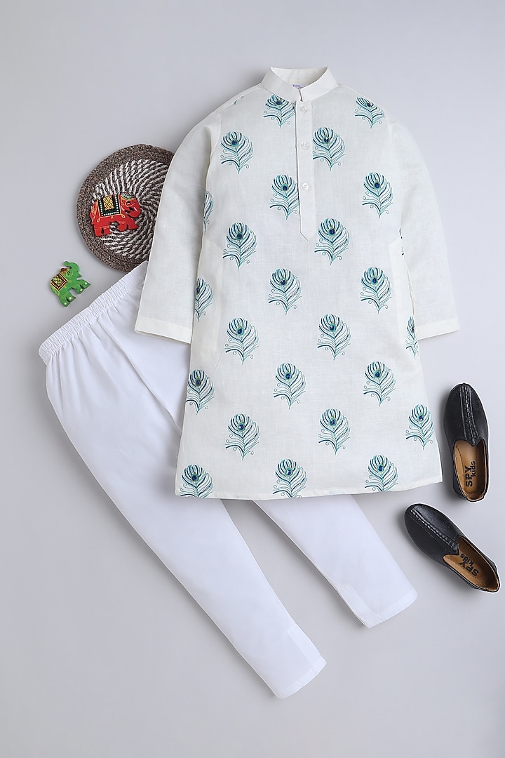 Ivory Pure Linen Block Printed & Hand Embroidered Kurta Set For Boys by Little Clothings at Pernia's Pop Up Shop