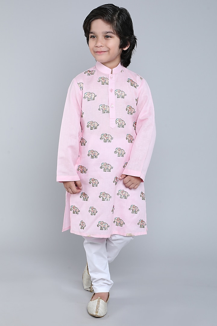 Pink Pure Linen Block Printed & Hand Embroidered Kurta Set For Boys by Little Clothings