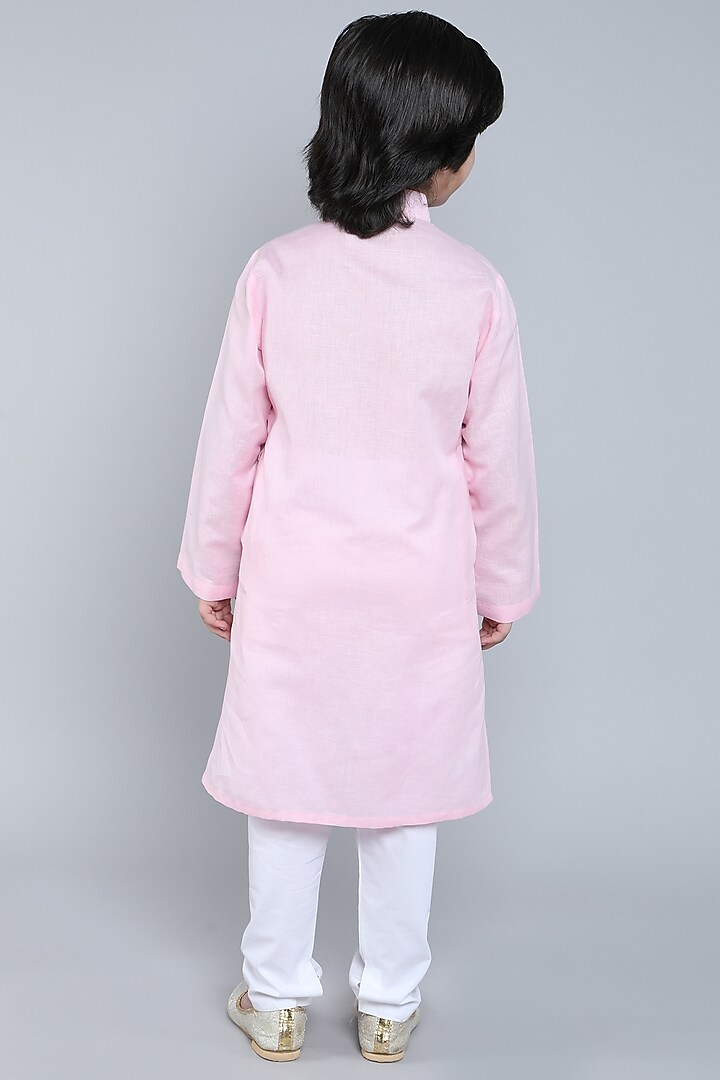 Pink Pure Linen Block Printed & Hand Embroidered Kurta Set For Boys by Little Clothings at Pernia's Pop Up Shop