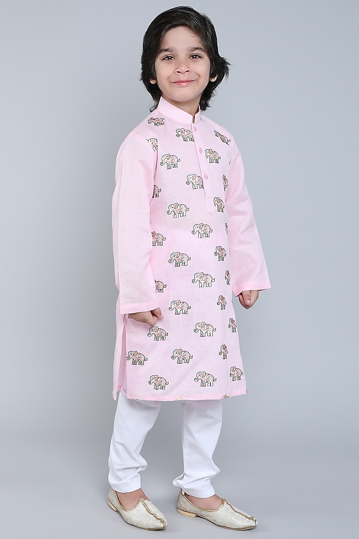 Pink Pure Linen Block Printed & Hand Embroidered Kurta Set For Boys by Little Clothings at Pernia's Pop Up Shop