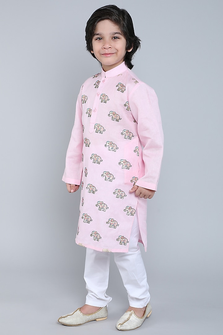 Pink Pure Linen Block Printed & Hand Embroidered Kurta Set For Boys by Little Clothings at Pernia's Pop Up Shop