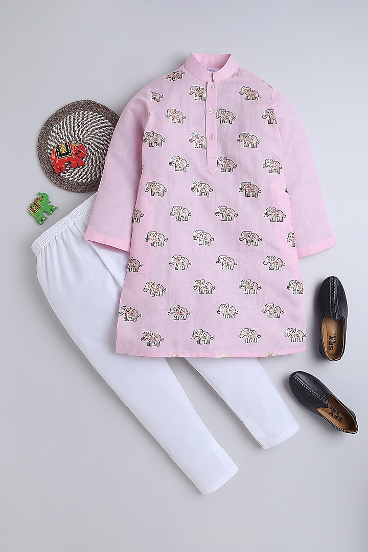 Pink Pure Linen Block Printed & Hand Embroidered Kurta Set For Boys by Little Clothings at Pernia's Pop Up Shop