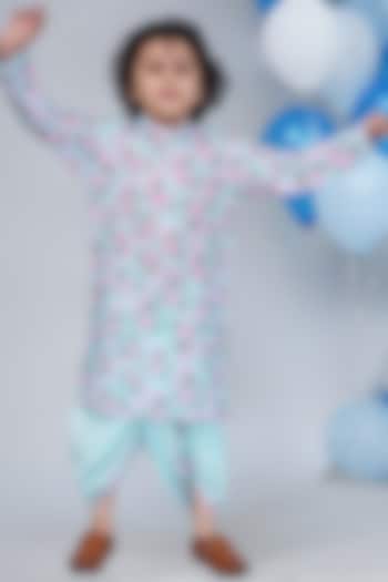 Sky Blue Cotton Floral Butterfly Kurta Set For Boys by Little Bansi