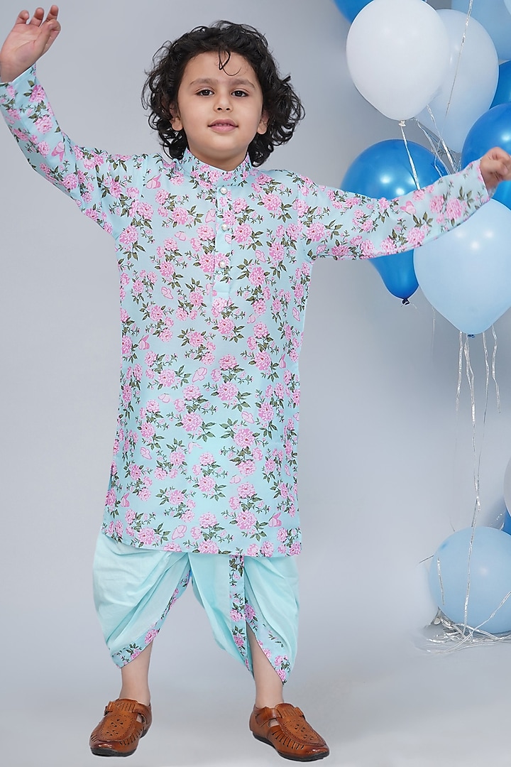 Sky Blue Cotton Floral Butterfly Kurta Set For Boys by Little Bansi