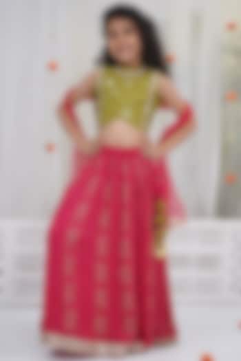 Rose Red Viscose Georgette Floral Embroidered Lehenga Set For Girls by Little Bansi at Pernia's Pop Up Shop