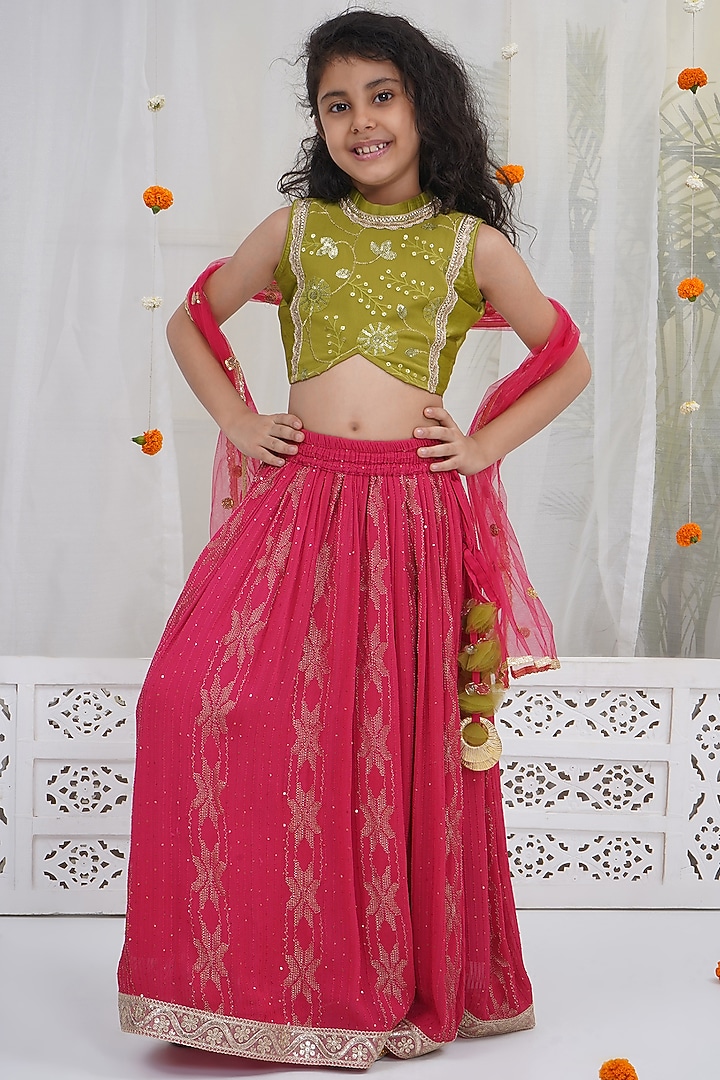 Rose Red Viscose Georgette Floral Embroidered Lehenga Set For Girls by Little Bansi at Pernia's Pop Up Shop