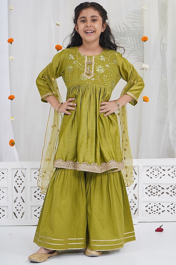 Mehendi Green Chanderi Silk Floral Embroidered Sharara Set For Girls by Little Bansi at Pernia's Pop Up Shop