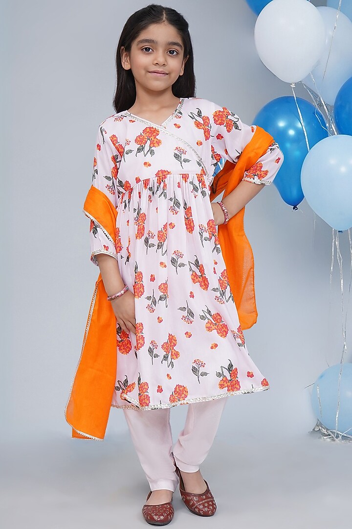 Baby Pink Cotton Floral Angrakha Kurta Set For Girls by Little Bansi at Pernia's Pop Up Shop