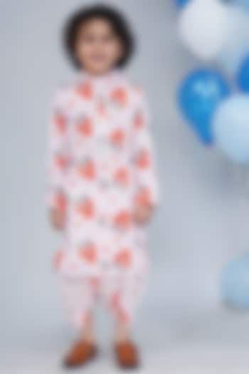 Baby Pink Cotton Floral Kurta Set For Boys by Little Bansi