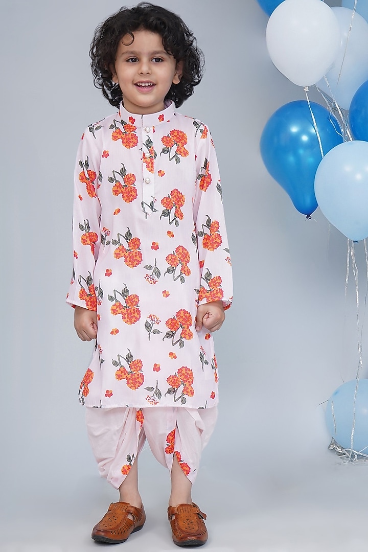 Baby Pink Cotton Floral Kurta Set For Boys by Little Bansi