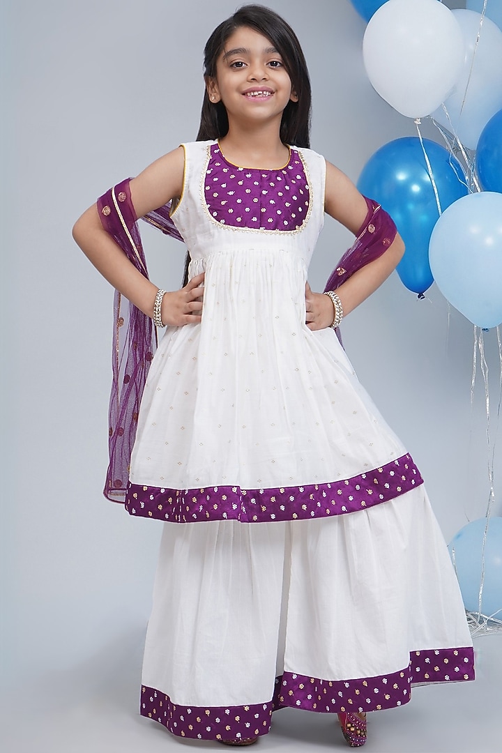 White Chanderi Silk Zari Embroidered Sharara Set For Girls by Little Bansi at Pernia's Pop Up Shop