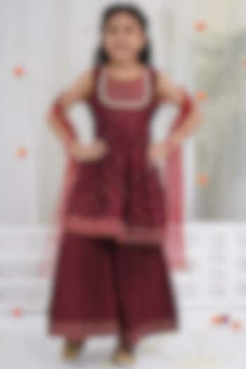 Maroon Chanderi Silk Zari Embroidered Sharara Set For Girls by Little Bansi at Pernia's Pop Up Shop