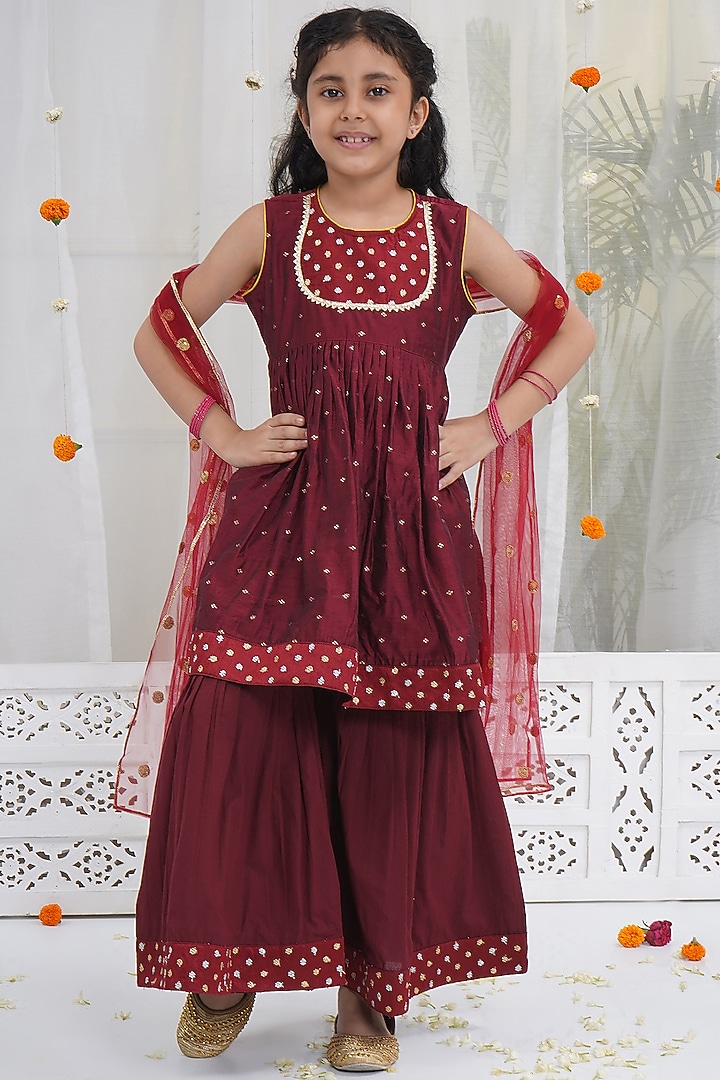 Maroon Chanderi Silk Zari Embroidered Sharara Set For Girls by Little Bansi at Pernia's Pop Up Shop