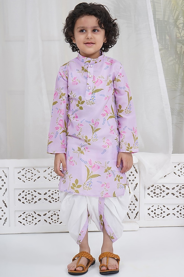 Lavender Cotton Tulip Kurta Set For Boys by Little Bansi