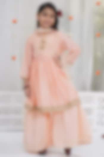 Peach Chanderi Silk Floral Embroidered Sharara Set For Girls by Little Bansi at Pernia's Pop Up Shop