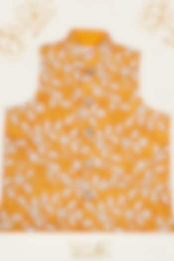 Yellow Mulberry Silk Floral Thread Work Nehru Jacket For Boys by Little Bansi