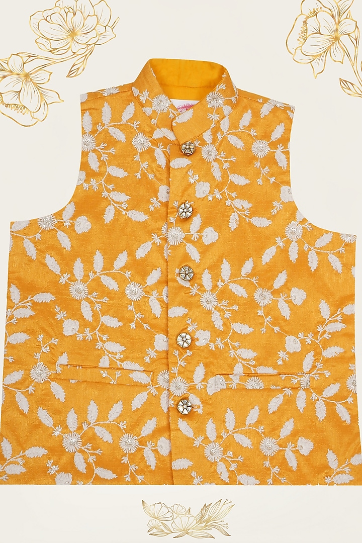 Yellow Mulberry Silk Floral Thread Work Nehru Jacket For Boys by Little Bansi