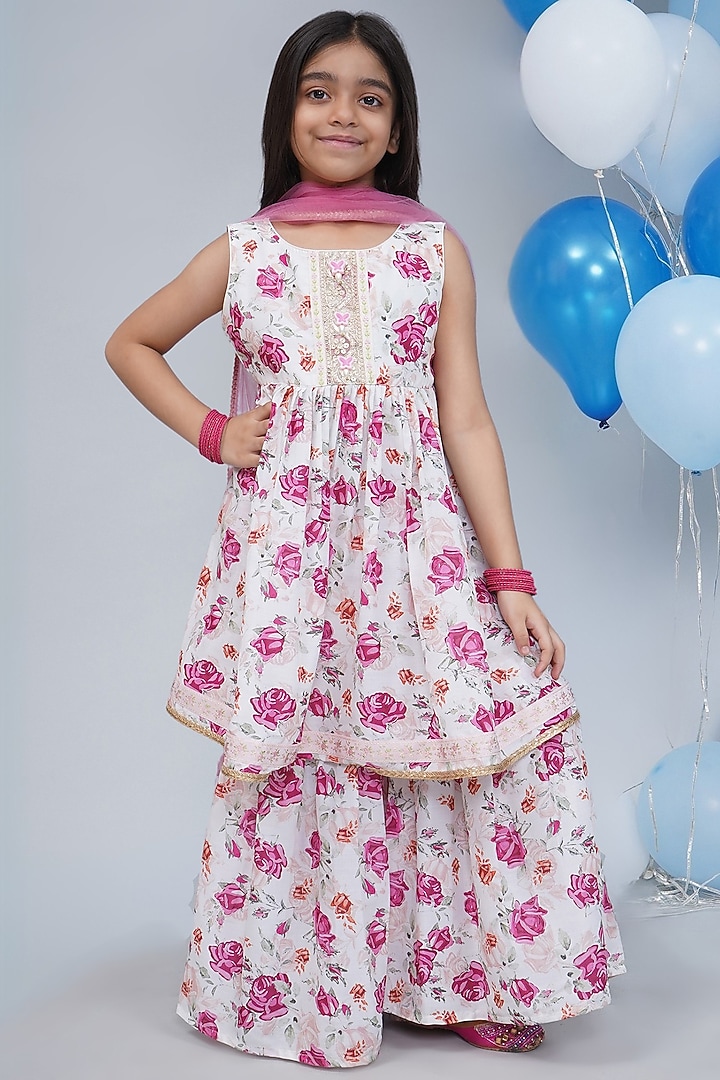 Cream Muslin Lace Hand Work Floral Sharara Set For Girls by Little Bansi at Pernia's Pop Up Shop
