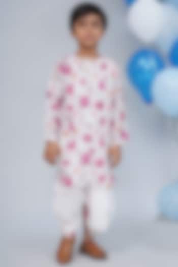 Cream Cotton Floral Kurta Set For Boys by Little Bansi