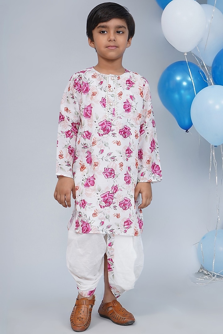 Cream Cotton Floral Kurta Set For Boys by Little Bansi